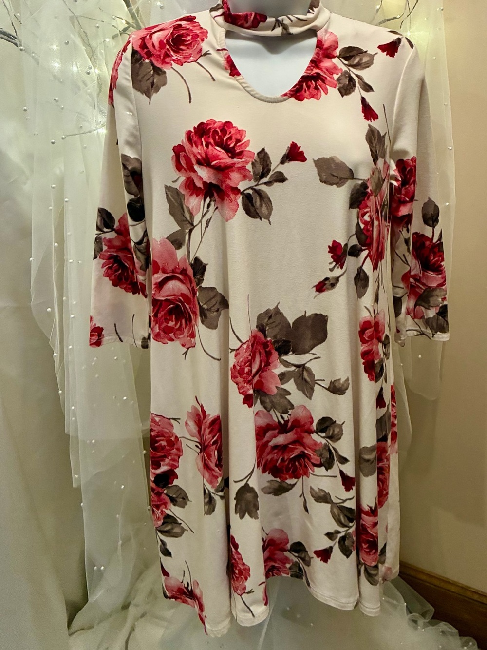 Pomelo Cream Mini Dress with Red Floral Print